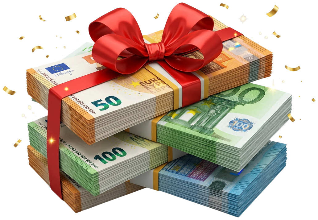 Geldstapel mit roter Geschenkschleife und goldenem Konfetti